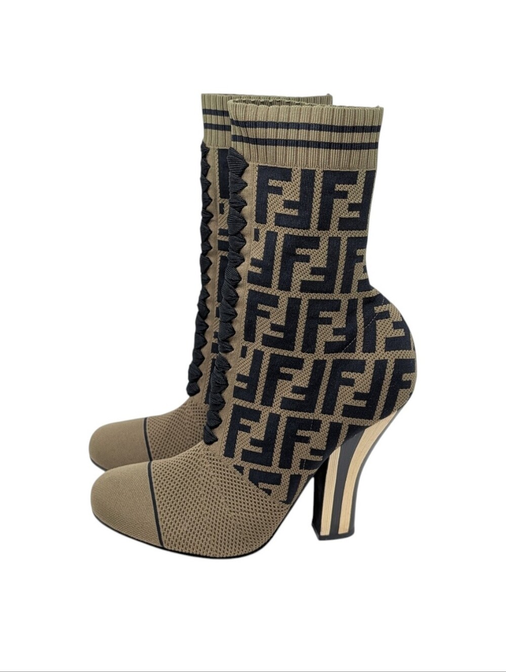 Fendi Zucca Lurex Olive Green Monogram Heeled Sock Boot Size EU 38.5